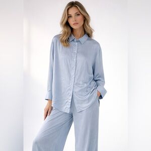 Seven Sisters Satin Light Blue Button Blouse & High Rise Wide Pants Set